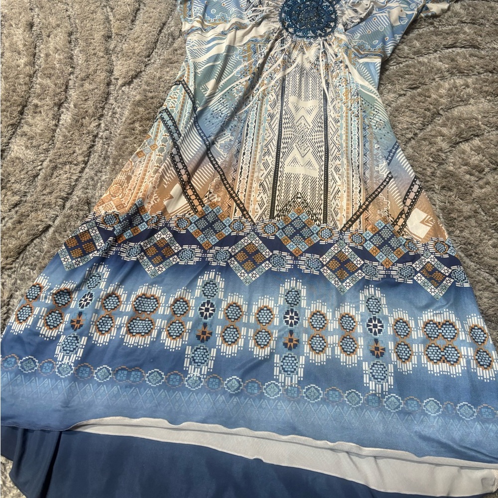 Boho Geometric Print Dress – Blue & White Flowy